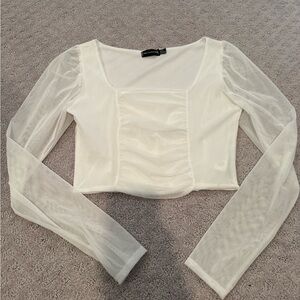 PrettyLittleThing White Mesh Sleeve Blouse